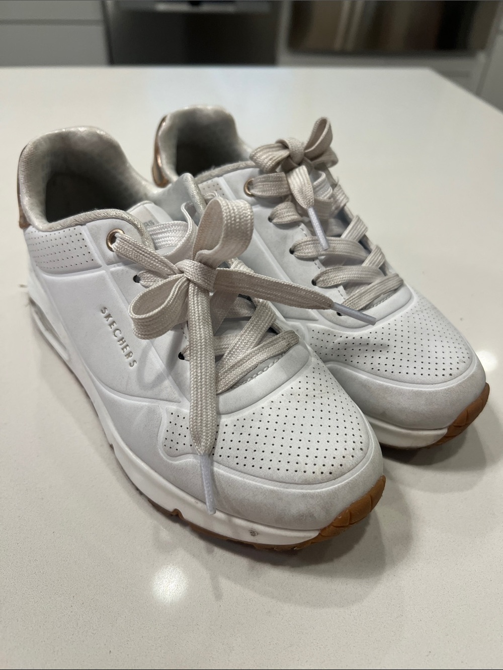 Skechers White and Tan Perforated Lace-Up Sneakers